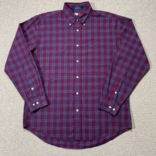 VINTAGE Tommy Hilfiger Shirt Mens Large Burgundy Red Plaid Crest Embroidered 90s