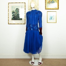 Vintage 1980s Oleg Cassini Cobalt Blue Silk Pearl Sequin Evening Dress Size M