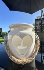 White Ceramic T Light Lantern With Cut Out Heart Design and Rope Handle - garden