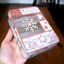 Small Christmas Themed Metal Box Tin Storage Container With Snowflake Design 