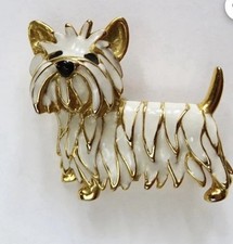 Vintage brooch Of scottish terrier,yorkshire terrier gold tone with white enamel
