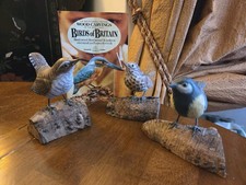 3 HAI FENG Hand Carved Birds of Britain Wren & Song Thrush, Signed + Brochure