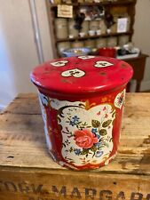 Vintage Cylinder-Shaped Biscuit Barrel / Confectionary Tin – Red Hearts / Flower