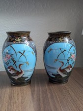 Very Fine Pair Of Meiji Cloisonne Mirrored Vases - One Side Geese Other Bird
