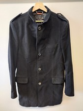 ZARA MAN BLACK LARGE COAT JACKET MILITARY TRENCH BUTTON UP BRUSHED COTTON MENS