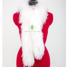 PURE WHITE LADIES GENUINE MONGOLIAN SHEEPSKIN LAMB WOOL FUR LONG CURLY SCARF BOA