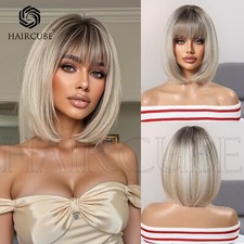 Short Ombre Blonde Highlight Bob Wigs with Bangs Dark Roots Fashion Party Wigs 