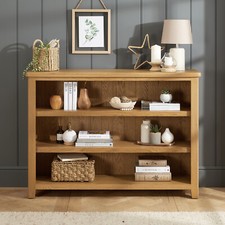 Cotswold Rustic Smoked Oak Wide Low Bookcase - Book Shelving Office Furniture