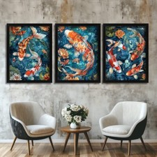 Vibrant Koi Fish Set of 3 Prints Zen Wall Art Tranquil Japanese Decor Koi Print