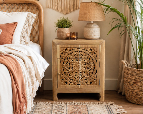 Carved teak bedside cabinet - teak,