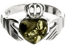 SILVER AMBER RING CLADDAGH GREEN AMBER SINGLE STONE 925 STERLING RING 3g SIZE L