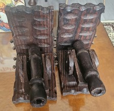 Vintage Wooden Bookends Carved In Shape Of Cannons