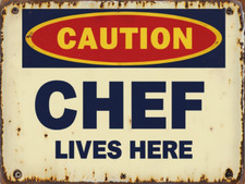 Caution Chef Lives Here Metal Sign, Chef  sign, Chef Plaque