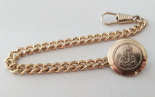 Top Pocket Watch Chain with dog clip gold tone with Coat of Arms Button Fastener