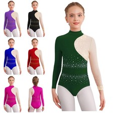 Kids Girls Rhythmic Gymnastics Leotards Color Block Skating Bodysuit Dancewear