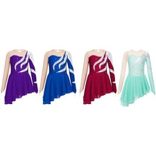 UK Girls Figure Skating Dress Glittery Sequins Long Sleeve Ice Skating Dresses