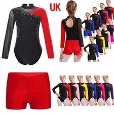 UK Girl Gymnastics Kids Long Sleeve Dance Leotard Sparkle Ballet Dancewear+Short