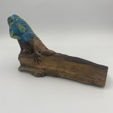 Blue/green  Iguana Lizard Hand Carved  Wood Sculpture Folk Art on Driftwood