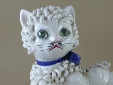 Spaghetti Cat Figurine Blue Bow Shell Pottery Studio Mid Century Italy