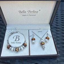 Bella Perlina Jewellery Set Necklace Bracelet & Earrings Brown & White Box Set