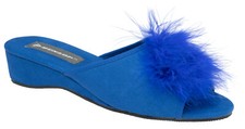 Ladies Womens Wedge Slippers Dunlop Feather Pom Pom Faux Suede Mules Heel Shoes