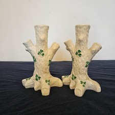 Vintage Belleek Irish Parian porcelain shamrock tree trunk vases