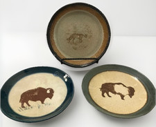 Monroe Salt Works Plate Pottery VTG Rare Fox Buffalo Rustic Decor Set 3 Folk MCM