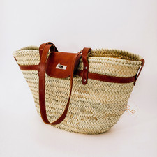 Brown handmade large straw french baskets with brown leather straps