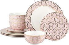 12pc Dinner Set Art Deco Fine China Crockery Pink/Gold Plates Deep Bowls for 4