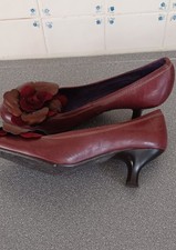 Hispanitas Shoes Size UK 5 Leather Court EUR 38 Burgandy Floral Low Heel Exc Con