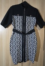 Karen Millen Bandage Knit Monogram Mini Bodycon Dress Black white Xl 16 rrp £195