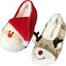 SANTA RUDOLPH CHRISTMAS SLIPPERS XMAS FESTIVE NOVELTY FLEECE LINED LADIES KIDS