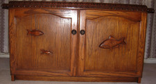 Hand made Oak fish tank cabinet with carved fish on the doors