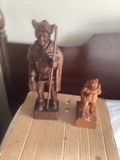 Vintage Hand Carved Wooden Figure of a Man ,tricorn hat carrying a lamp+ Another