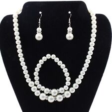 925 Silver Plated white Cultured Freshwater Pearl Necklace Earring Bracelet Set