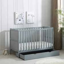 Grey Wooden Baby Cot Bed & Drawer & Aloe Vera Mattress (Orlando Drawer)