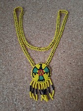 Native American Necklace Seed Bead Thunderbird Pendant Tassel Yellow Black Green