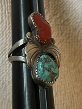 Vintage Navajo RING 925 Silver Turquoise  Nugget & Coral Jewelry