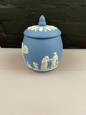 Wedgwood Blue White Jasper Ware Biscuit Barrel / Tea Caddy 1959