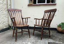 2 Sturdy 19th-Century Antique Elm & Oak Windsor Armchairs chairs