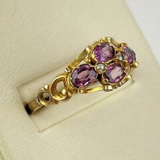 Antique Victorian 9ct Yellow Gold Seed Pearl & Amethyst Ring 1863 Size T