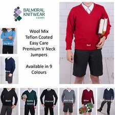 School Jumper Unisex Balmoral Wool Mix V Neck Machine Wash Girl Boy Plain