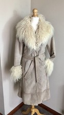Retro Real Suede Leather Mongolian Fur belted Long Midi Penny Lane Coat Size 8