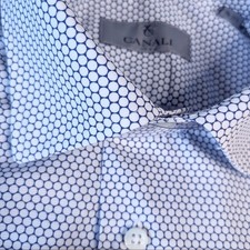 Canali Men’s Shirt L 23x29 Blue White Geometric Pattern Luxury Italian Cotton