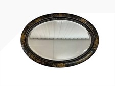 Antique Victorian Chinoiserie Lacquered Wood Oval Bevelled Edge Mirror C1890