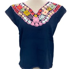 Mexican Embroidered Huipil Maya Top Organic Cotton Manta Navy with Pastel Flower