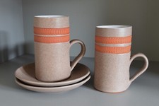 Vinatge Wellhouse Pottery coffee cups & saucers, tall cylindrical mugs, stripes