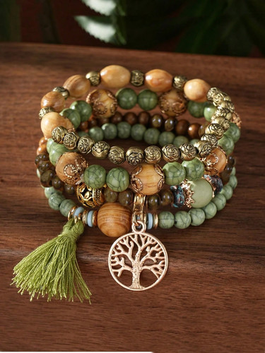 4pcs boho wooden glass - wooden, beaded