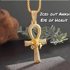 Iced Out Egyptian Eye of Horus Ankh Pendant Necklace Jewelry Gift Chain 24inch. 