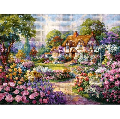 Cottage garden printed - cottage, cross